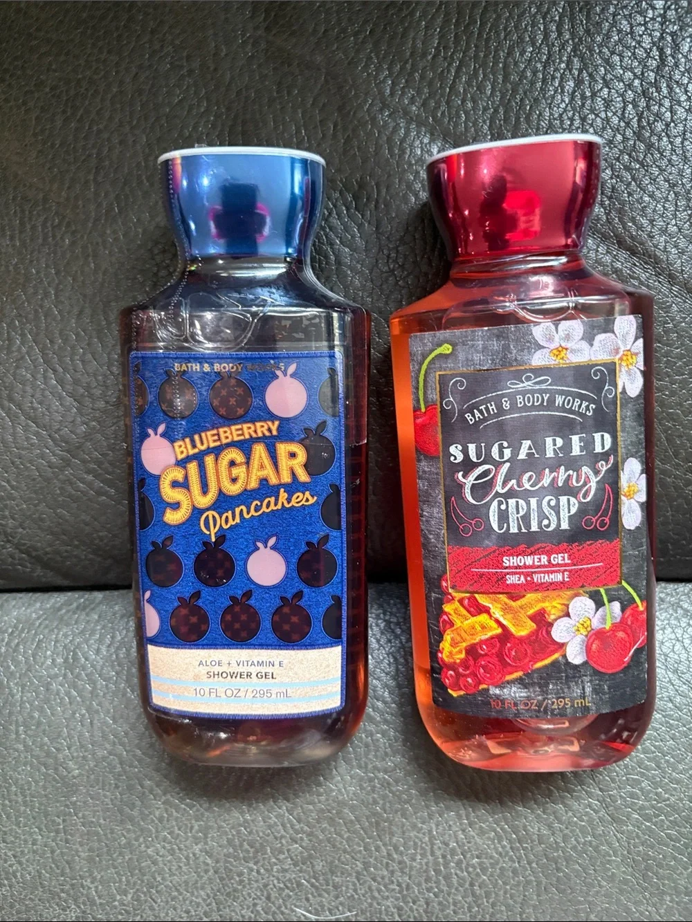 Bath and body shower gel set in sugared cherry crisp and blueberry sugar pancake